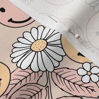 Smileys and daisy flowers summer floral garden happy smiley faces boho retro kids design blush yellow pastel