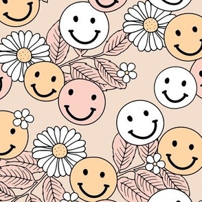 Smileys and daisy flowers summer floral garden happy smiley faces boho retro kids design blush yellow pastel