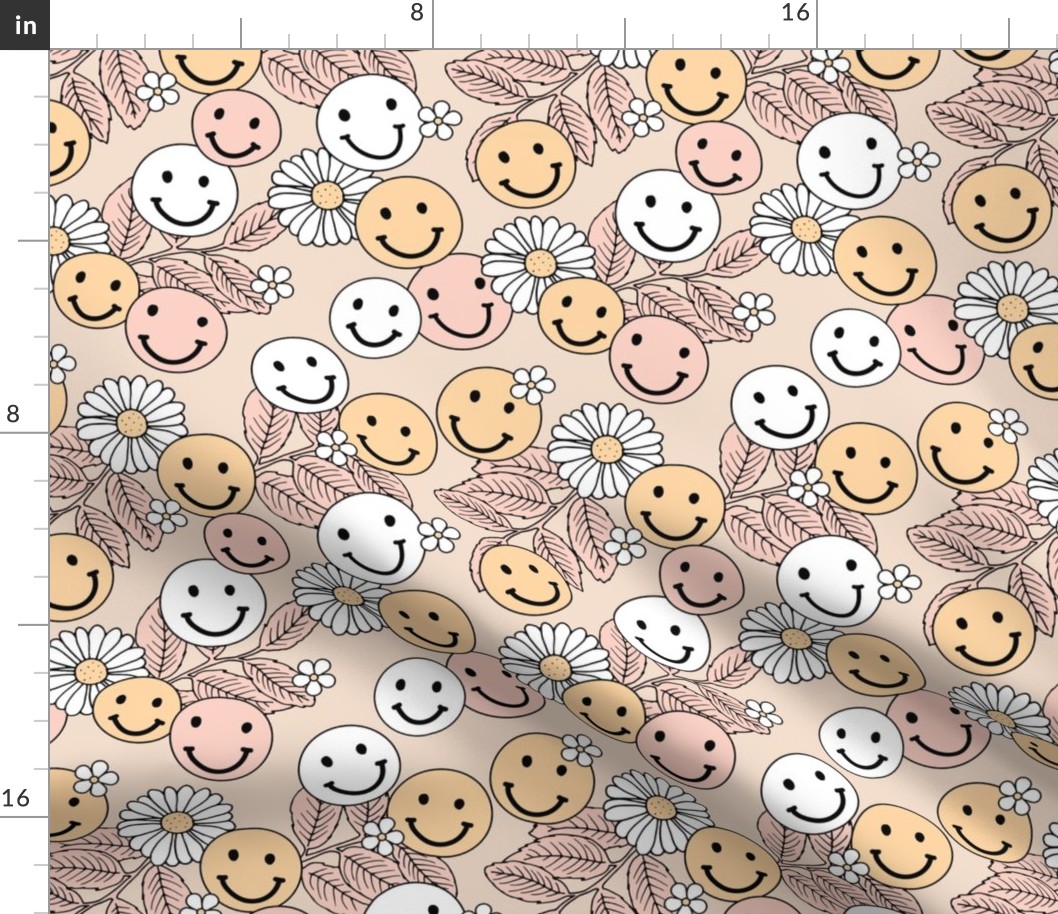 Smileys and daisy flowers summer floral garden happy smiley faces boho retro kids design blush yellow pastel