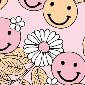 Smileys and daisy flowers summer floral garden happy smiley faces boho retro kids design yellow pink on blush girls LARGE