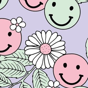 Smileys and daisy flowers summer floral garden happy smiley faces boho retro kids design mint pink on lilac purple girls LARGE