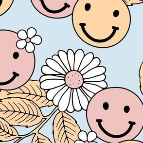 Smileys and daisy flowers summer floral garden happy smiley faces boho retro kids design yellow blush pink on baby blue LARGE