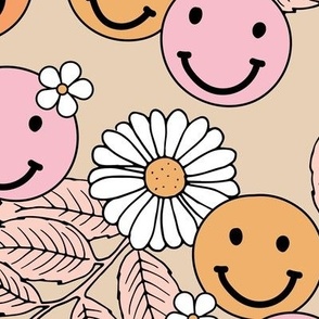 Smileys and daisy flowers summer floral garden happy smiley faces boho retro kids design orange yellow pink on tan camel LARGE