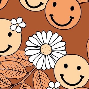 Smileys and daisy flowers summer floral garden happy smiley faces boho retro kids design fall orange yellow on rust burnt orange LARGE