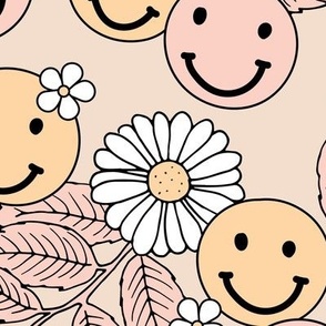 Smileys and daisy flowers summer floral garden happy smiley faces boho retro kids design blush yellow pastel LARGE