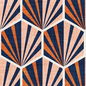 Large jumbo scale // Retro geometric hexagon palm tiles // dark // midnight blue orange and coral
