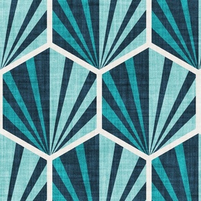 Large jumbo scale // Retro geometric hexagon palm tiles // dark // midnight blue peacock blue and aqua