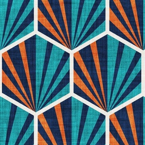 Large jumbo scale // Retro geometric hexagon palm tiles // dark // midnight blue orange and peacock blue