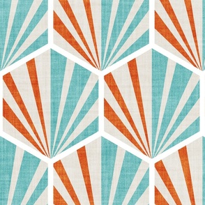 Large jumbo scale // Retro geometric hexagon palm tiles // light // beige orange and peacock blue