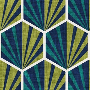 Large jumbo scale // Retro geometric hexagon palm tiles // dark // midnight blue pine and olive green