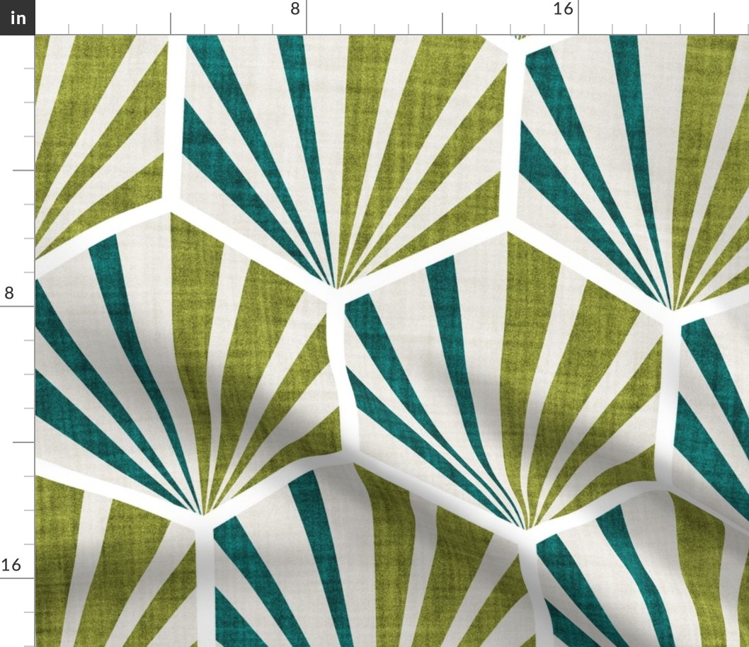 Large jumbo scale // Retro geometric hexagon palm tiles // light // beige pine and olive green