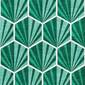 Normal scale // Retro geometric hexagon palm tiles // dark // emerald green and spearmint