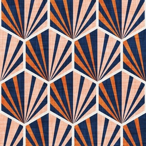 Normal scale // Retro geometric hexagon palm tiles // dark // midnight blue orange and coral