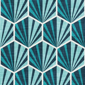 Normal scale // Retro geometric hexagon palm tiles // dark // midnight blue peacock blue and aqua