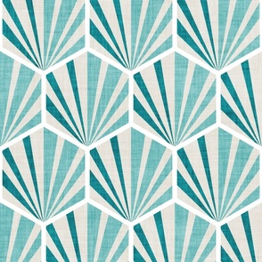 Normal scale // Retro geometric hexagon palm tiles // light // beige peacock blue and aqua