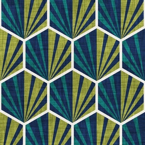 Normal scale // Retro geometric hexagon palm tiles // dark // midnight blue pine and olive green