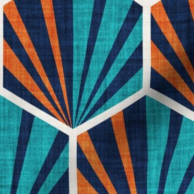 Normal scale // Retro geometric hexagon palm tiles // dark // midnight blue orange and peacock blue