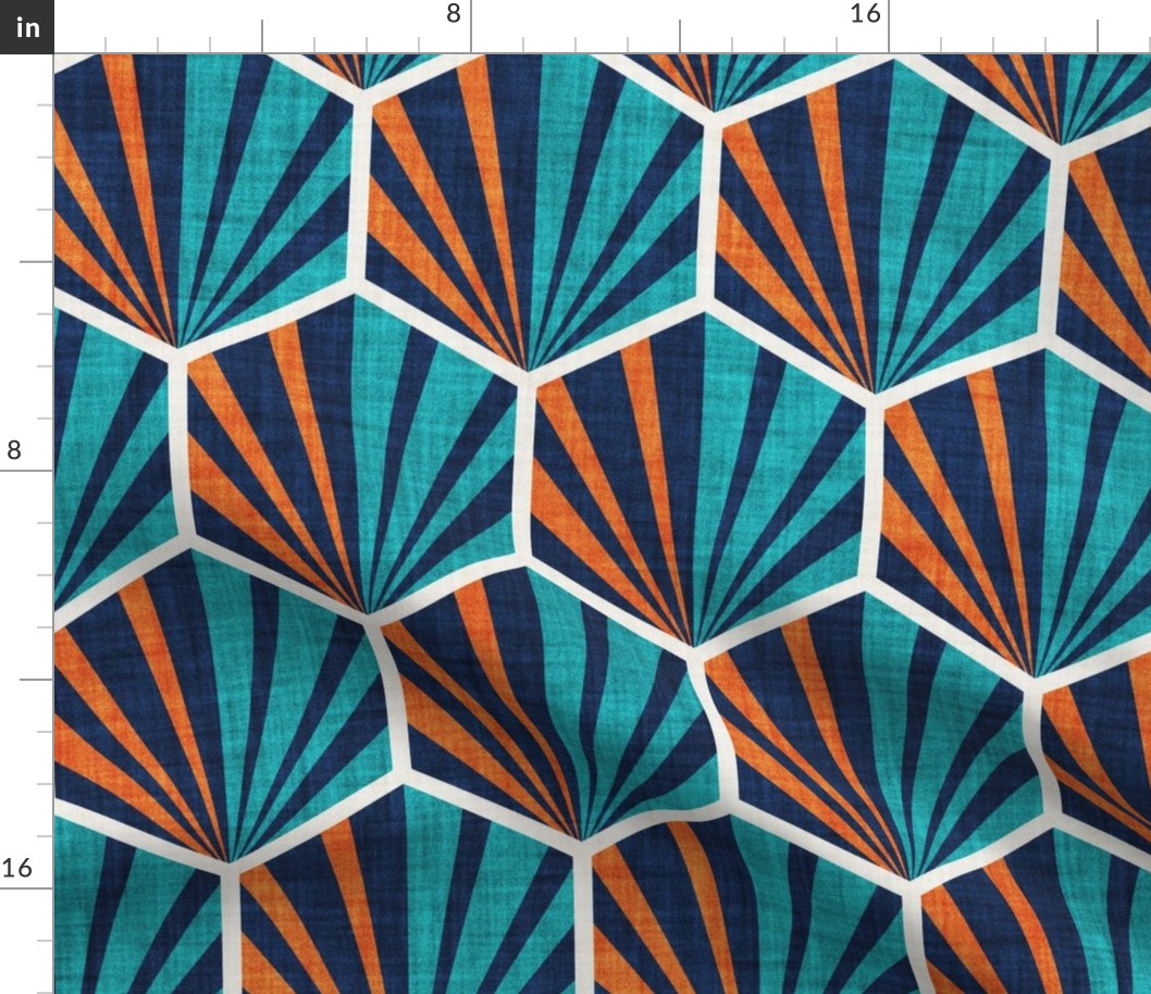 Normal scale // Retro geometric hexagon palm tiles // dark // midnight blue orange and peacock blue