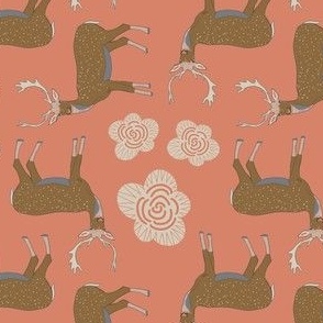 Deer and Florals on Coral Peachy Pink