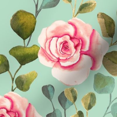 vintage watercolor roses and eucalyptus