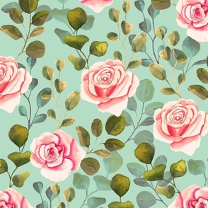 vintage watercolor roses and eucalyptus | pink roses on mint