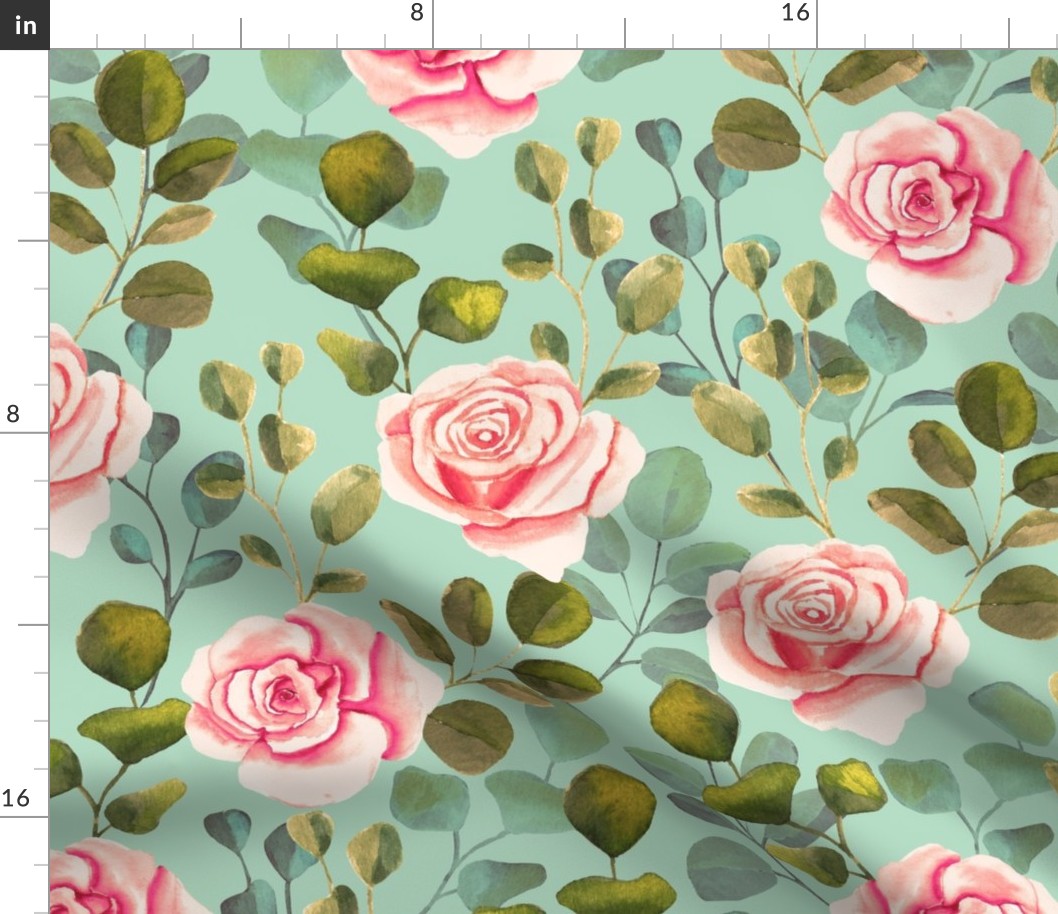 vintage watercolor roses and eucalyptus | pink roses on mint
