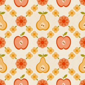Retro Kitchen Pattern with Pear, Apple, Flowers in Beige, Yellow, Orange, Red, Green