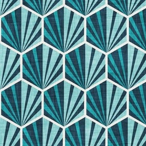 Small scale // Retro geometric hexagon palm tiles // dark // midnight blue peacock blue and aqua