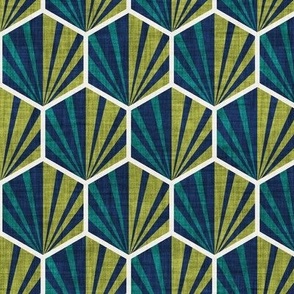 Small scale // Retro geometric hexagon palm tiles // dark // midnight blue pine and olive green