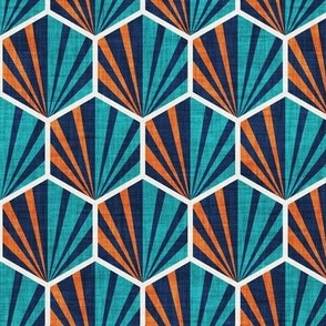 Small scale // Retro geometric hexagon palm tiles // dark // midnight blue orange and peacock blue