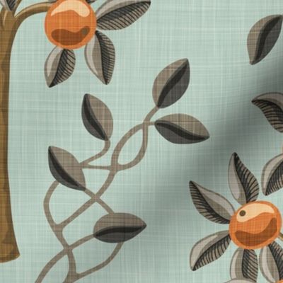 Meknes Orange Trees - Large - Linen Texture - Aqua - Vintage Nostalgia