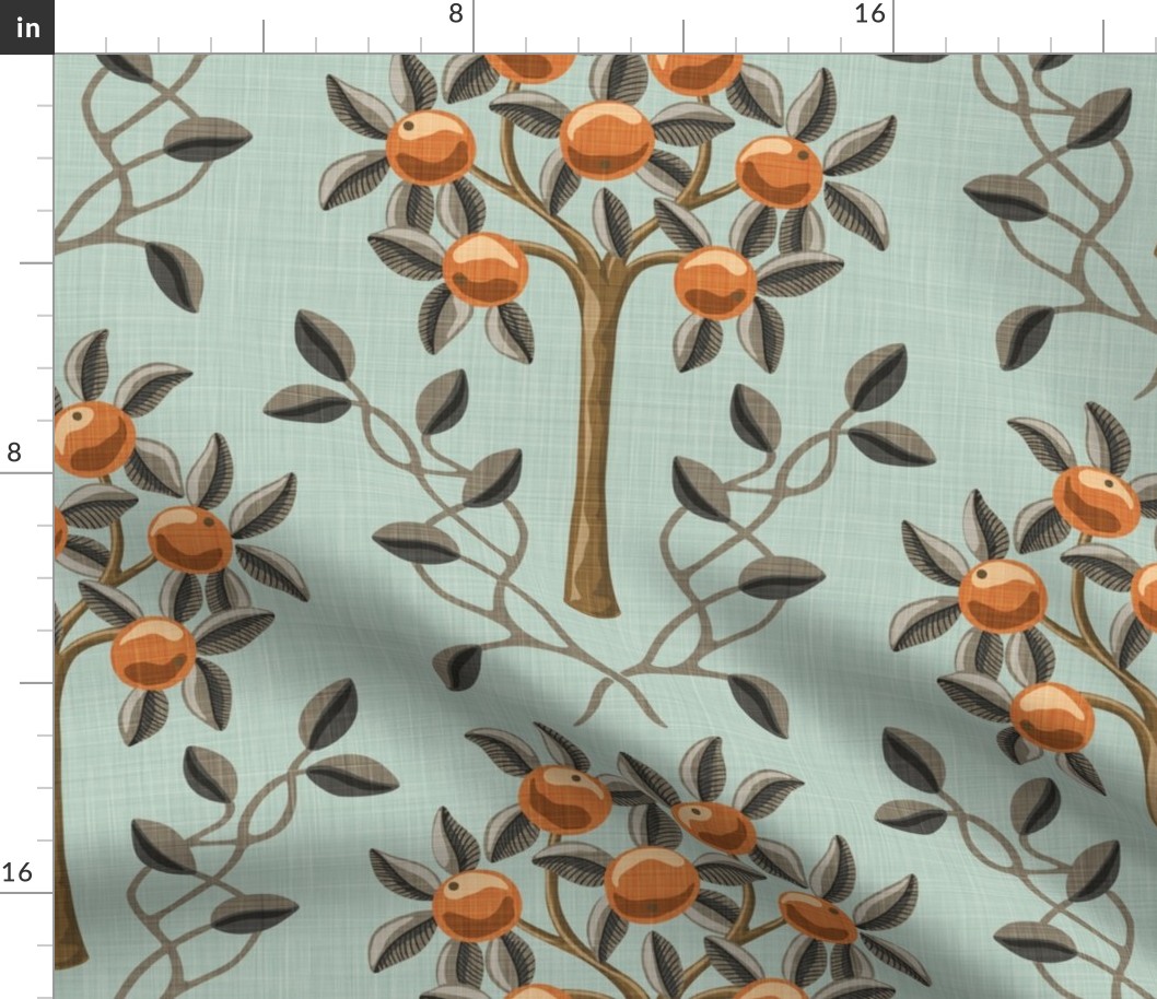 Meknes Orange Trees - Large - Linen Texture - Aqua - Vintage Nostalgia