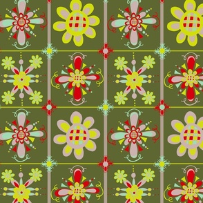 Vintage Floral Kitchen Tiles - Olive Green