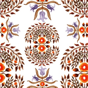 Big | Bluebells & Poppies Damask | Folk Inspired Floral | Purple Rust Orange Sepia | Hand Painted Ceramics Effect | Large scale | size L