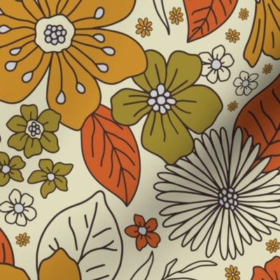 1970s Retro Floral in Olive, Gold & Orange