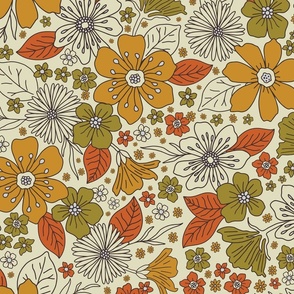 1970s Retro Floral in Olive, Gold & Orange