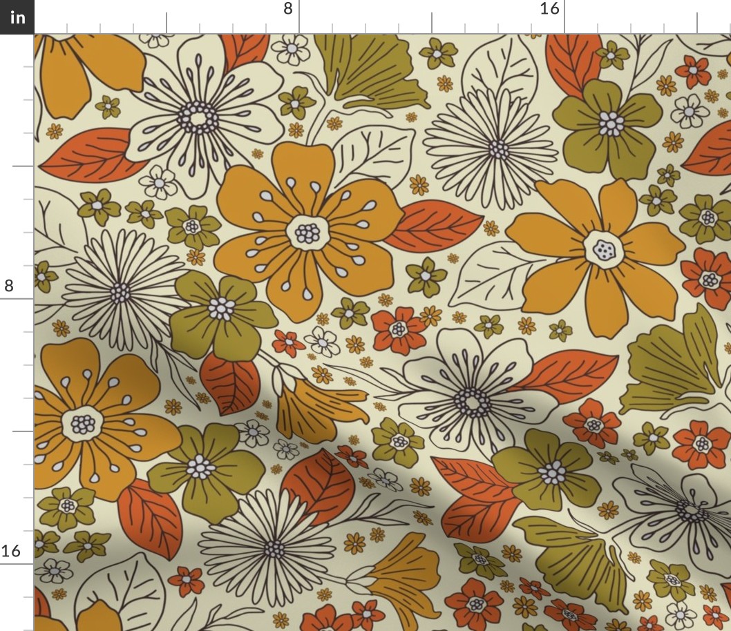 1970s Retro Floral in Olive, Gold & Orange