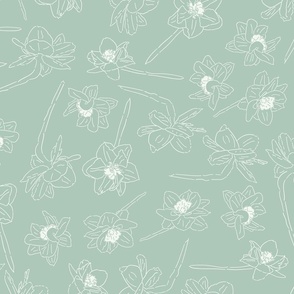 24" Repeat Tossed Sketched Daffodil Pattern Extra Large Scale | Green MK003