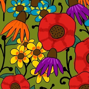 Large Fauvist Poppies - Red - Green - Purple - Blue - Cartoon