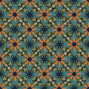 Vintage Nostalgia Floral Blue_ Teal_ Orange Tiles 18 x 18