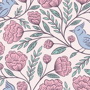Birds and Blooms | Large Scale | Pink, Cornflower & Aqua