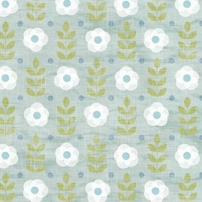 Block Printed Roses | White roses on sea mist with pistachio green, Scandi flowers in blue and green, block print flowers on gray green, palladian blue and white Scandinavian flower pattern.