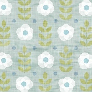 Block Printed Roses (large scale) | White roses on sea mist with pistachio green, Scandi flowers in blue and green, block print flowers on gray green, palladian blue and white Scandinavian flower pattern.