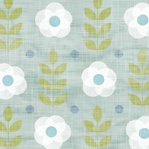 Block Printed Roses (xl scale) | White roses on sea mist with pistachio green, Scandi flowers in blue and green, block print flowers on gray green, palladian blue and white Scandinavian flower pattern.