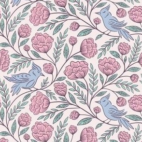 Birds and Blooms | Small Scale | Pink, Cornflower & Aqua