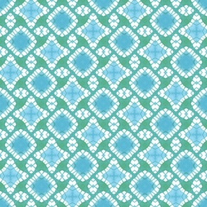 Jade Green and Aqua Blue Tie Dye Batik Square Geometric