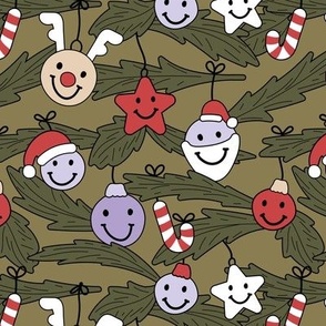 Happy holidays smiley christmas with smileys candy canes mistletoe and tree branches vintage red lilac on pine green