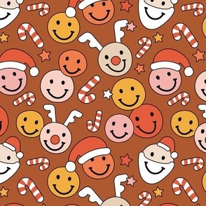 Happy holidays smiley christmas with smileys stars happy santa claus candy cane and reindeer vintage orange red blush yellow
