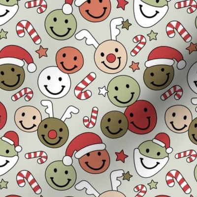 Happy holidays smiley christmas with smileys stars happy santa claus candy cane and reindeer vintage orange red mint sage green