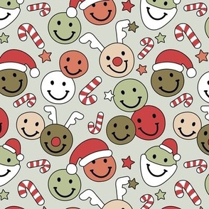 Happy holidays smiley christmas with smileys stars happy santa claus candy cane and reindeer vintage orange red mint sage green